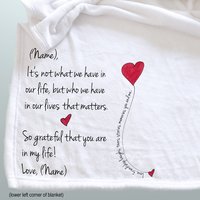 A beautiful personalized throw blanket, gift for a friend, friendship gift, personalized blanket, sending a hug, family isn't about blood