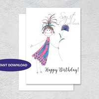 A digital downloadable birthday card with a watercolour stick girl and flower, a Happy Birthday card