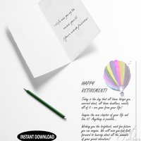 Printable greeting card for a coworker that is retiring, Happy Retirement, new chapter, watercolour hot air balloon drawing