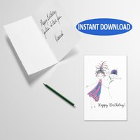 A digital downloadable birthday card with a watercolour stick girl and flower, a Happy Birthday card