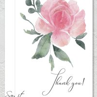 A digital downloadable Thank You card with a hand drawn watercolour peony flower and the words Thank you, a blank card to write your words