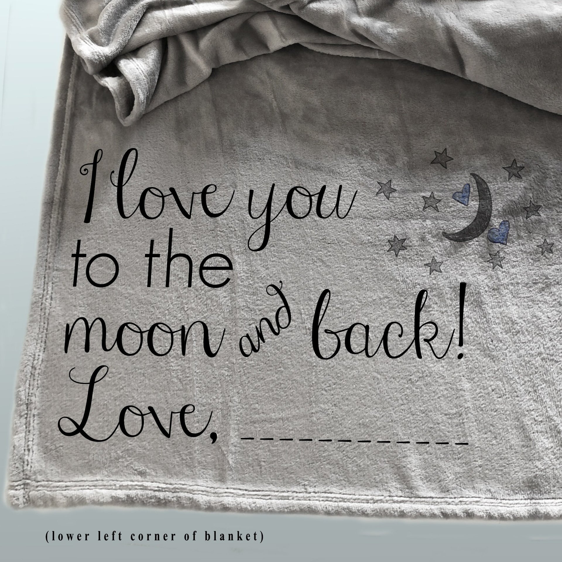 I love you to the moon and back personalized cozy throw blanket, personalized gift, Christmas gift, grey moon with 2 blue hearts.
