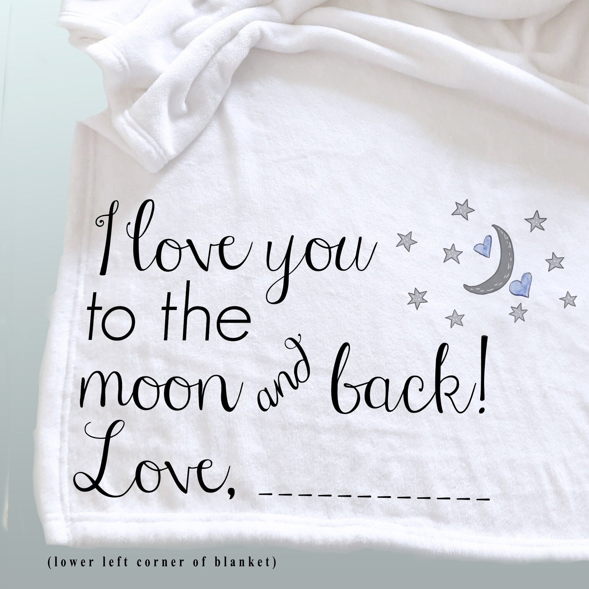 I love you to the moon and back personalized cozy throw blanket, personalized gift, Christmas gift, grey moon with 2 blue hearts.