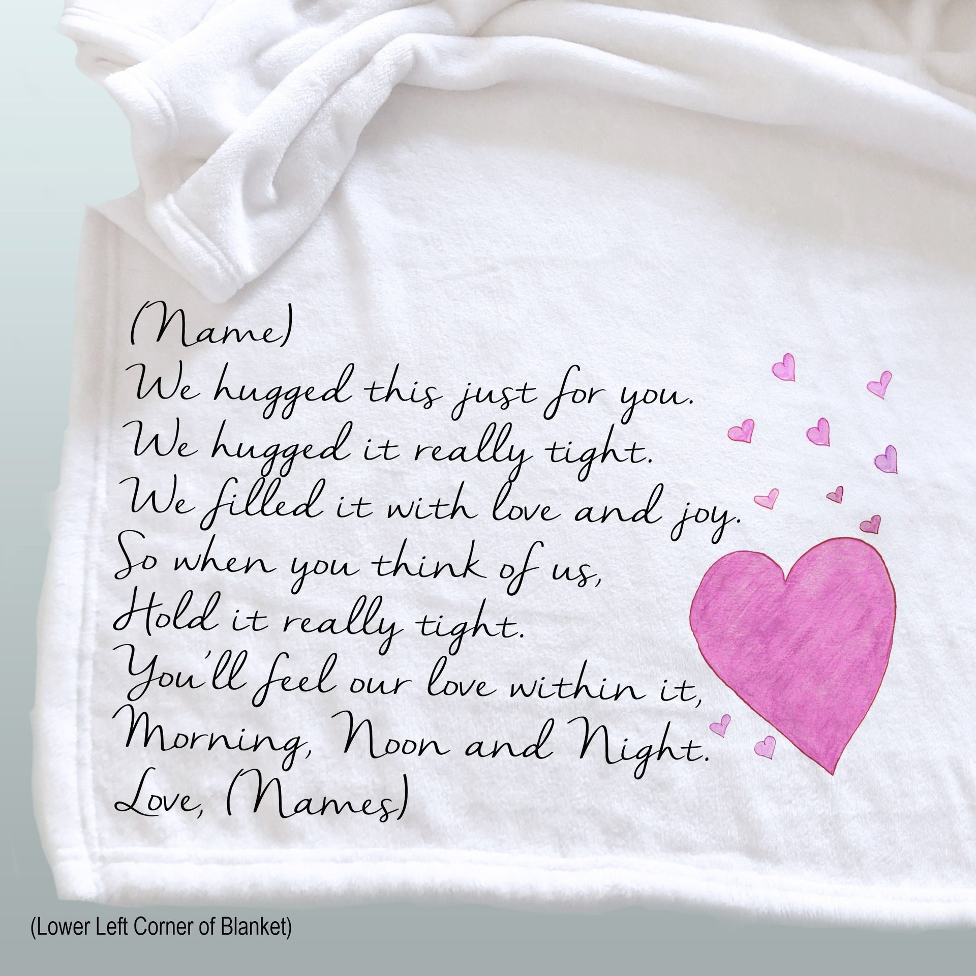 Personalized throw blanket with hand drawn pink hearts