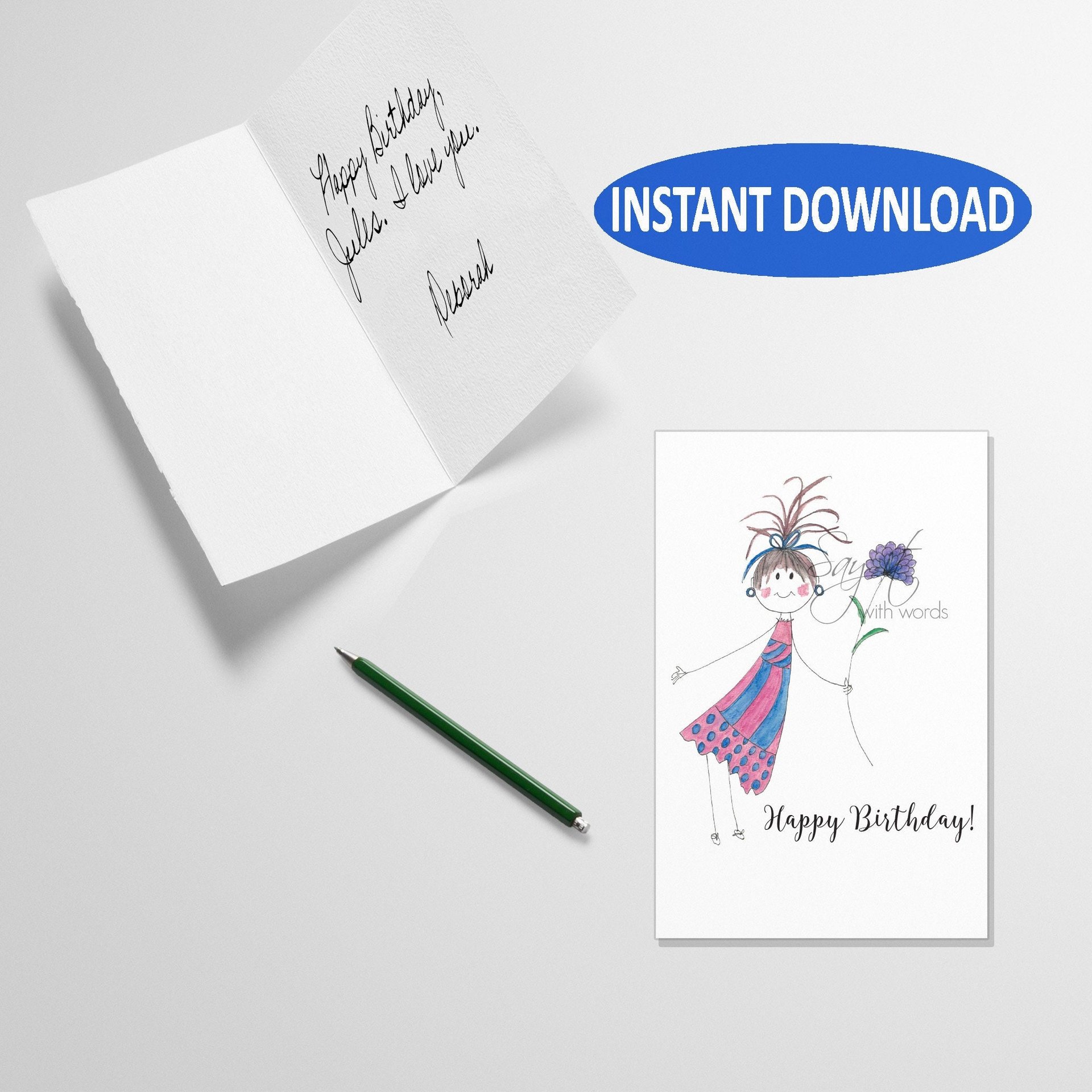 A digital downloadable birthday card with a watercolour stick girl and flower, a Happy Birthday card