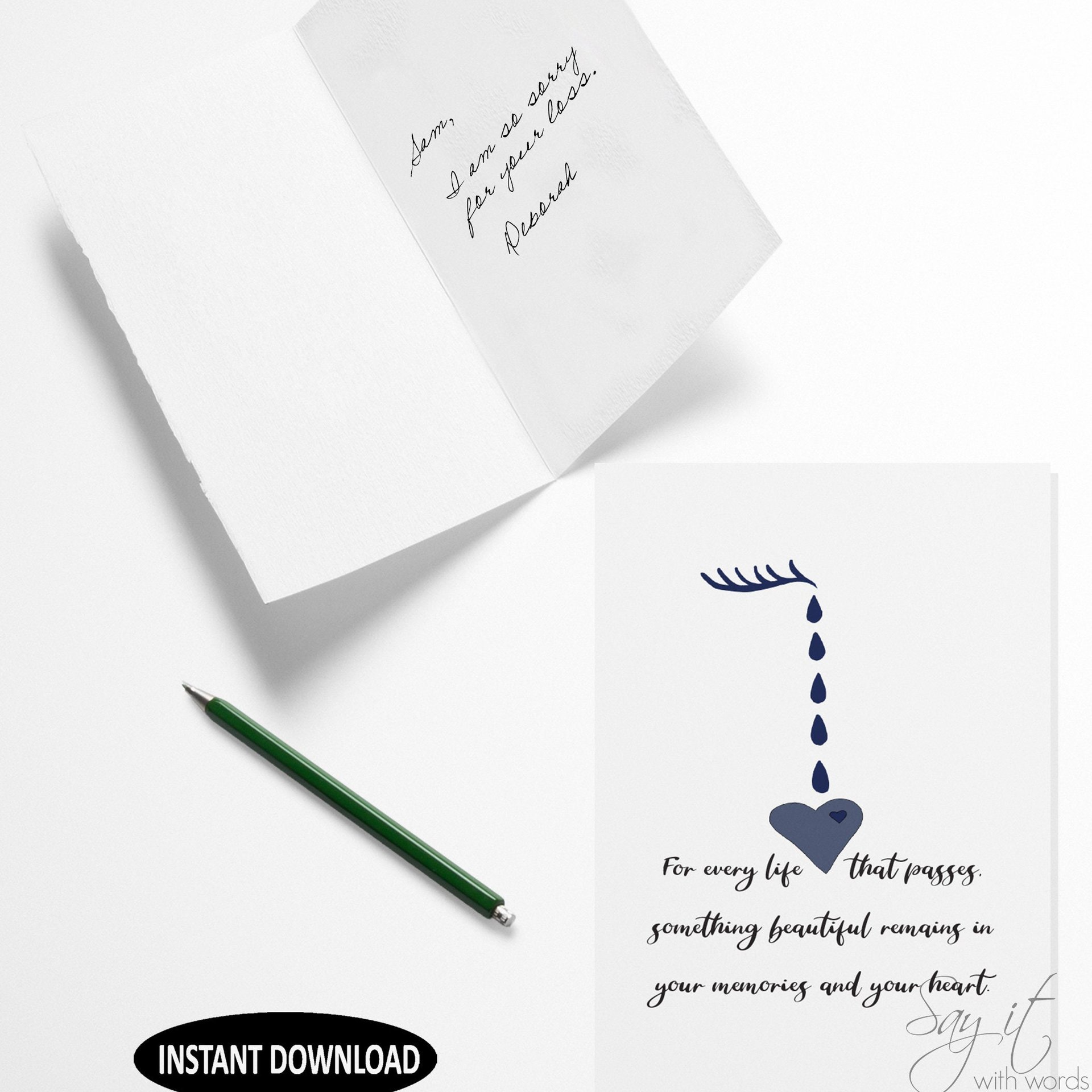 Sympathy Card, printable memorial card, digital download, card for grieving, for every life that passes something beautiful remains
