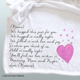 Personalized throw blanket with hand drawn pink hearts