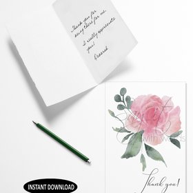 A digital downloadable Thank You card with a hand drawn watercolour peony flower and the words Thank you, a blank card to write your words